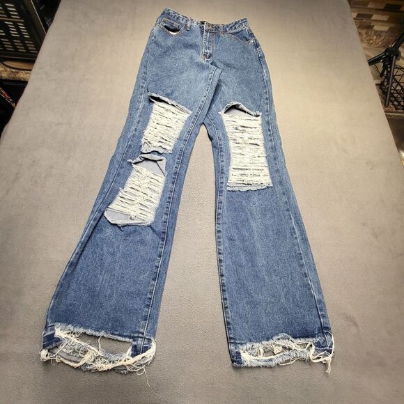 Pretty Little Thing Jeans Womens 4 Blue Boot Cut Distressed Stretch Denim - Picture 1 of 10
